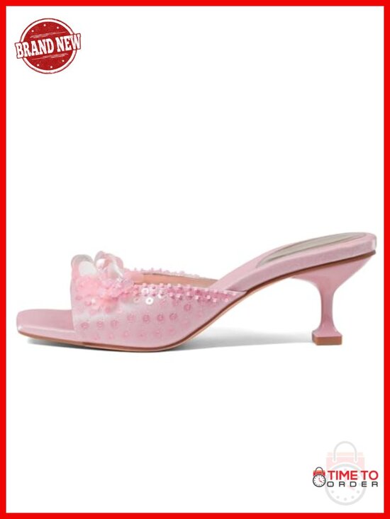 Shoes - Womens Sequin Heeled Sandals Square Toe Low Stiletto Mule Slip On Party Wedding
